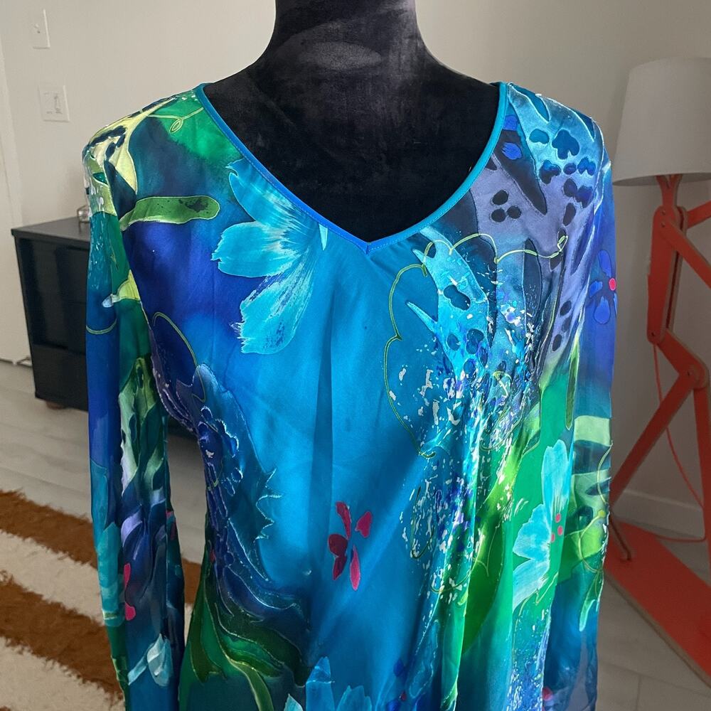 Simply Silk Blue Floral Mermaid Medium Abstract Blue Green Tropical Poncho - Picture 2 of 9